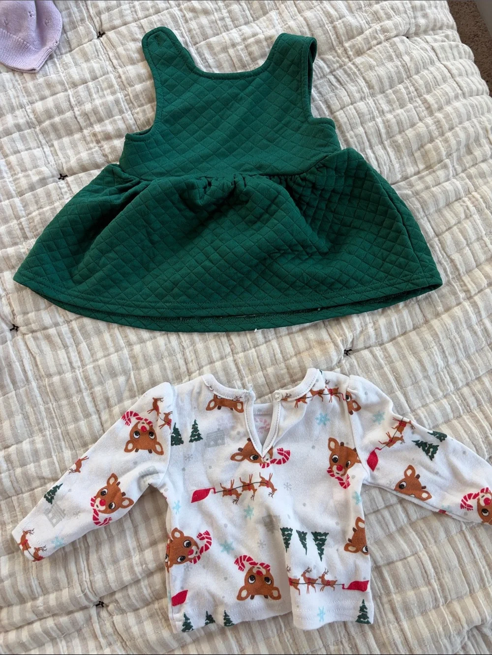Carter's Green Quilted Rudolph Pinafore Dress with Brown Reindeer Pockets